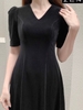 22/V014/XXL/01/VÁY NHUNG XOÈ, CỔ TIM, TL, ĐEN