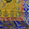 |100x100cm| Khăn trải bàn mật tông cỡ to vải gấm Tây Tạng cao cấp thêu chày kim cang kép và bát kiết tường (bát cát tường) - KTB013
