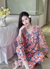 Bộ dài lụa phối tiểu thư cam lá xanh