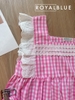 Đùi cổ vuông cotton tay ren, karo hồng