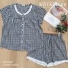 Bộ đùi kate cổ ren xinh, karo xanh đen