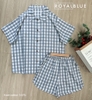 Bộ đùi pijama chất kate mềm phong cách oversize, karo xanh đậm xinh