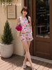 Set linen sát tay hoạ tiết tropical, hoa hồng