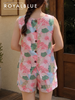 Set linen sát tay hoạ tiết tropical, hoa hồng