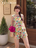 Set linen sát tay hoạ tiết tropical, hoa nâu vàng