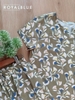 Set linen cổ xẻ mặc nhà, hoa xanh trắng