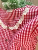 Dài viền ren cotton, karo đỏ
