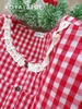 Dài cổ ren cotton, karo đỏ