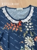 Đùi cổ ren nút gỗ cotton , hoa xanh