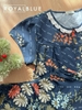 Đùi cổ ren nút gỗ cotton , hoa xanh