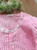 Bộ dài cotton viền ren xinh, karo hồng
