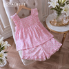 Đùi cổ vuông cotton, karo hồng hoa