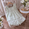 Đùi cổ vuông cotton, karo xanh hoa