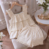 Đùi bèo tầng cotton, karo vàng hoa