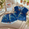 Đùi cổ ren nút gỗ cotton , hoa xanh