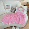 Đùi cổ vuông cotton tay ren, karo hồng