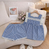 Đùi cổ vuông cotton tay ren, karo xanh