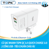 Củ sạc nhanh TOPK QC 3.0 (quick charge 3.0) - 2 cổng Usb - tiêu chuẩn Châu Âu - Auto Id + QC 3.0