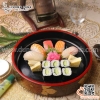 Khay sơn mài đỏ đen bày Sushi, Sashimi hình tròn hoa văn hoa cúc Nhật Bản