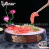 Khay sơn mài đỏ đen bày Sushi, Sashimi hình tròn hoa văn hoa cúc Nhật Bản