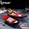 Thuyền đỏ đen sơn mài chất liệu nhựa ABS cao cấp, thuyền bày gỏi cá hồi, sushi, sashimi phong cách Nhật Bản
