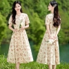 Mã L779: Váy trung niên cotton và vải lanh dài vừa phải cổ chữ V