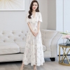 Mã B044: Đầm voan dáng xòe cổ chữ V eo cao in hoa phong cách tây mùa hè váy dài gót chân big size