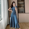 Mã L685: Váy denim phong cách Hong Kong cổ điển dành cho nữ mùa hè với eo thon và dáng suông tay dài không tay