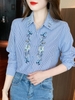 Mã L375: Áo sơ mi sọc nữ cao cấp nữ cao cấp tính khí thêu áo dài tay thiết kế áo sơ mi cotton độc đáo