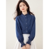 Mã L415: Áo sơ mi nữ cao cấp denim xanh cổ ren Pháp cho nữ cao cấp độc đáo tay cánh hoa đẹp