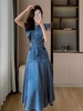 Mã L685: Váy denim phong cách Hong Kong cổ điển dành cho nữ mùa hè với eo thon và dáng suông tay dài không tay