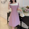 Mã L756: Váy đen ôm dáng cổ bẻ tương phản cho phụ nữ mùa hè cao cấp kiểu dáng chữ A nhỏ nhắn màu đen