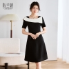Mã L756: Váy đen ôm dáng cổ bẻ tương phản cho phụ nữ mùa hè cao cấp kiểu dáng chữ A nhỏ nhắn màu đen