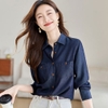 Mã K953: Áo sơ mi nữ cao cấp cao cấp denim cotton màu xanh đậm phong cách Hồng Kông