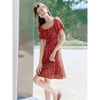 Mã M185: Đầm trà Mohan Yimei, chất liệu chiffon Pháp, họa tiết hoa, kiểu dáng lãng mạn