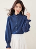 Mã L415: Áo sơ mi nữ cao cấp denim xanh cổ ren Pháp cho nữ cao cấp độc đáo tay cánh hoa đẹp