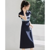 Mã M182: Đầm cổ polo phối màu Mohan Yimei, kiểu dáng mới mùa hè, đầm dáng ôm retro