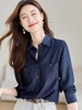 Mã K953: Áo sơ mi nữ cao cấp cao cấp denim cotton màu xanh đậm phong cách Hồng Kông