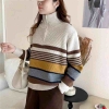 Mã K668: Áo Len Cao Cổ Sọc Nữ Thu Đông Phong Cách Hàn Quốc