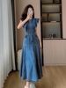 Mã L685: Váy denim phong cách Hong Kong cổ điển dành cho nữ mùa hè với eo thon và dáng suông tay dài không tay