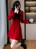 Mã L460: Váy màu đỏ cổ chữ V eo cho nữ cao cấp nơ kiểu Pháp chân váy chữ A