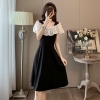 Mã L628: Váy trễ vai màu đen đẹp khí chất che bụng voan xếp nếp màu tương phản thiết kế váy chữ A