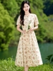 Mã L779: Váy trung niên cotton và vải lanh dài vừa phải cổ chữ V