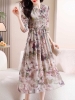 Mã M062: Đầm chiffon họa tiết hoa cho nữ, kiểu dáng mới thắt eo thanh lịch, tay lỡ