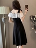 Mã L628: Váy trễ vai màu đen đẹp khí chất che bụng voan xếp nếp màu tương phản thiết kế váy chữ A