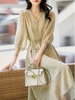 Mã L513: đầm cao cấp khí chất Pháp cổ chữ V chiffon hoa