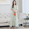 Mã B044: Đầm voan dáng xòe cổ chữ V eo cao in hoa phong cách tây mùa hè váy dài gót chân big size