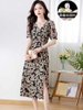 Mã L437: váy đẹp cao cấp mùa hè nữ cao cấp trung niên phong cách mới sang trọng xẻ tà cổ chữ V váy đẹp cao cấp khí chất