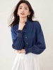 Mã L415: Áo sơ mi nữ cao cấp denim xanh cổ ren Pháp cho nữ cao cấp độc đáo tay cánh hoa đẹp