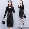 Mã A749 Giá 730K: đầm nhung dài tay cổ chữ v đính sequin
